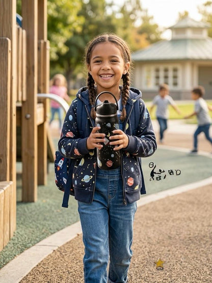 Katty Mao - My First Best Friend Kids Sipper Water Bottle for Kids, Steel Water Bottle for Kids in Blue Space, 600ml Matte Finish, Top Handle Carry, Perfect for School and Play, 304 Stainless Steel