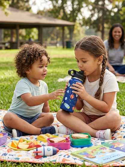 Katty Mao - My First Best Friend Kids Sipper Water Bottle for Kids, Steel Water Bottle for Kids in Blue Space, 600ml Matte Finish, Top Handle Carry, Perfect for School and Play, 304 Stainless Steel