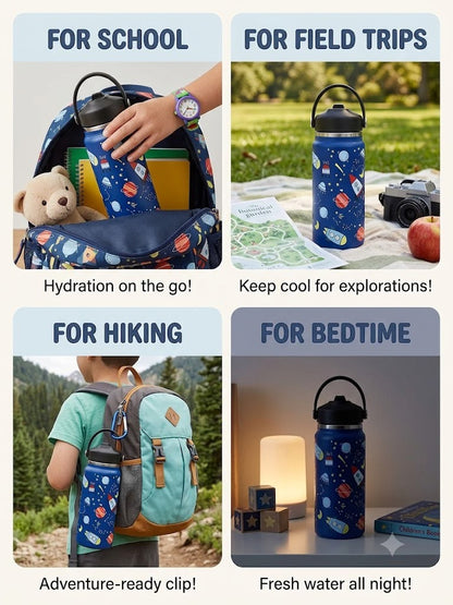 Katty Mao - My First Best Friend Kids Sipper Water Bottle for Kids, Steel Water Bottle for Kids in Blue Space, 600ml Matte Finish, Top Handle Carry, Perfect for School and Play, 304 Stainless Steel