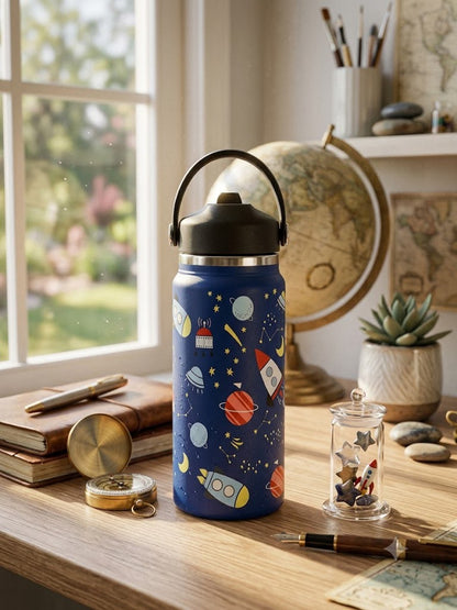 Katty Mao - My First Best Friend Kids Sipper Water Bottle for Kids, Steel Water Bottle for Kids in Blue Space, 600ml Matte Finish, Top Handle Carry, Perfect for School and Play, 304 Stainless Steel