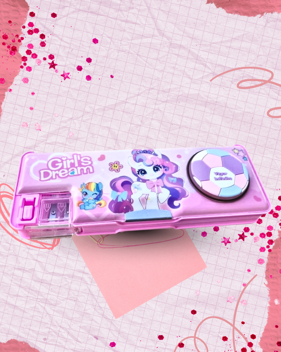 Girls/boys Dream Pencil Case, Pink and Purple, Plastic Storage Box with Mirror, School Stationery Organizer by katty mao.