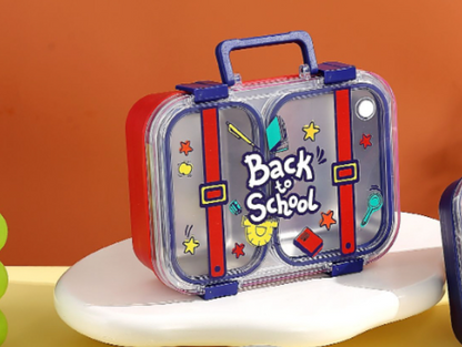 KATTY MAO My First Best Friend Kids Stainless Steel Lunch Box with 2 Compartments, Navy Blue Handles, School Design Pattern