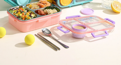 Kids Stainless Steel Lunch Box (2-Compartment) with Cartoon Lid and Cutlery