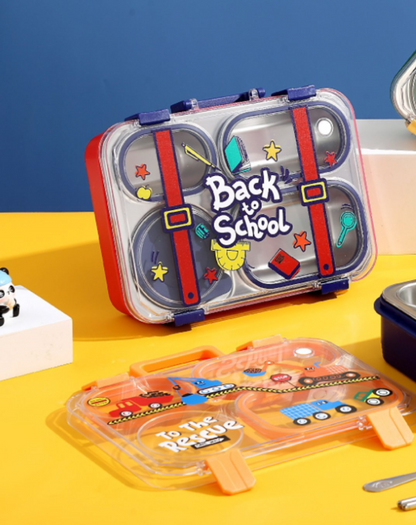 Cartoon Kids Stainless Steel Bento Lunch Box (4-Compartment) with Suitcase Handle