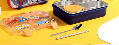 Cartoon Kids Stainless Steel Bento Lunch Box (4-Compartment) with Suitcase Handle