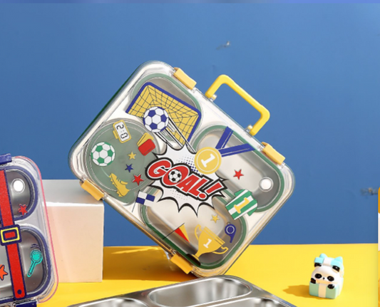 Cartoon Kids Stainless Steel Bento Lunch Box (4-Compartment) with Suitcase Handle