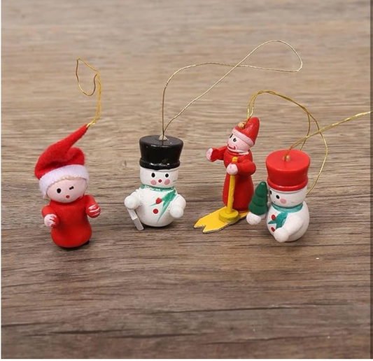 Katty Mao My First Best Friend Wooden Christmas Tree Ornaments, Set of 12 Traditional Santa and Snowman Figurines, Mini Holiday Hanging Decorations with Gold String, Indoor Winter Decor, Multi-Color