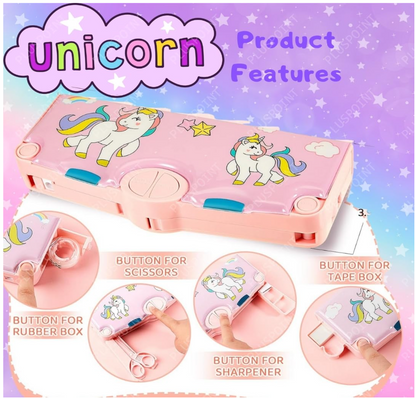 Multi Functional Unicorn Theme Geometry Box for Kids, Multi-Functional School Pencil Case with Accessories, Pink by Katty Mao