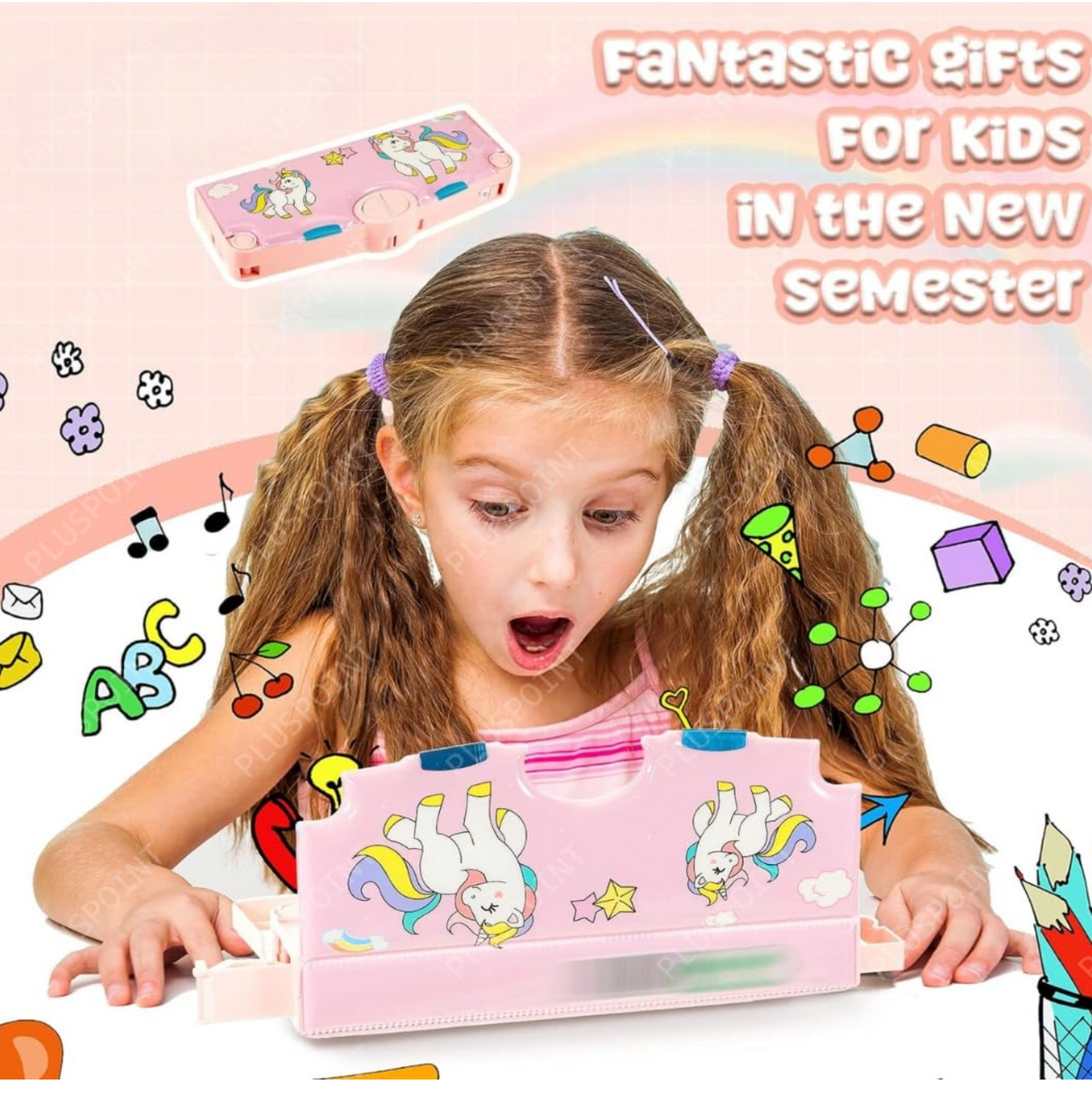 Multi Functional Unicorn Theme Geometry Box for Kids, Multi-Functional School Pencil Case with Accessories, Pink by Katty Mao