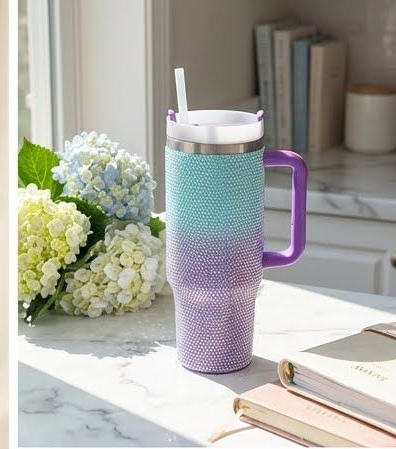 Vacuum|Travel Mug| Encrusted Rhinestone Tumbler| Sipper Lid | Integrated Carry Handle