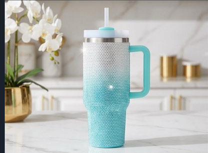 Vacuum|Travel Mug| Encrusted Rhinestone Tumbler| Sipper Lid | Integrated Carry Handle
