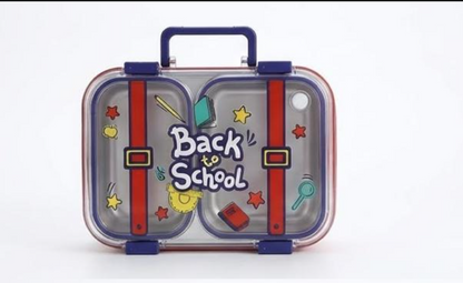 KATTY MAO My First Best Friend Kids Stainless Steel Lunch Box with 2 Compartments, Navy Blue Handles, School Design Pattern