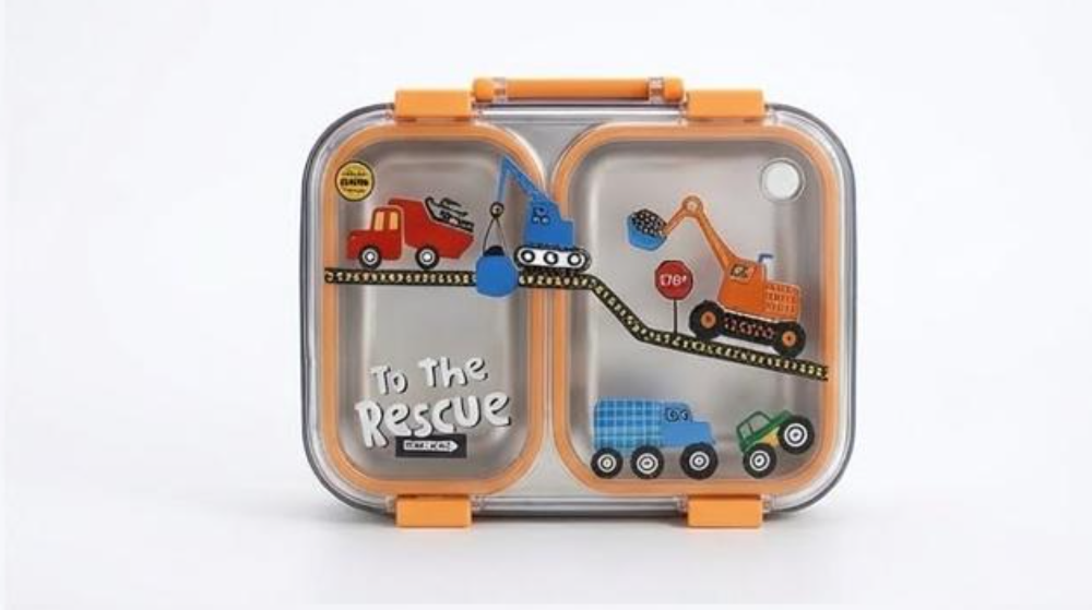 KATTY MAO My First Best Friend Kids Stainless Steel Lunch Box with 2 Compartments, Navy Blue Handles, School Design Pattern