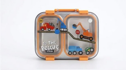 KATTY MAO My First Best Friend Kids Stainless Steel Lunch Box with 2 Compartments, Navy Blue Handles, School Design Pattern