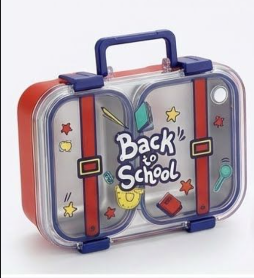 KATTY MAO My First Best Friend Kids Stainless Steel Lunch Box with 2 Compartments, Navy Blue Handles, School Design Pattern