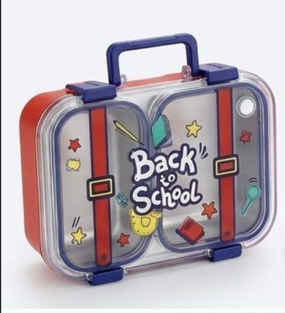 KATTY MAO My First Best Friend Kids Stainless Steel Lunch Box with 2 Compartments, Navy Blue Handles, School Design Pattern