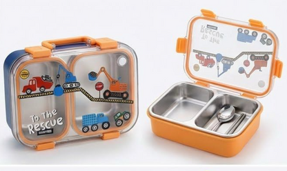 KATTY MAO My First Best Friend Kids Stainless Steel Lunch Box with 2 Compartments, Navy Blue Handles, School Design Pattern