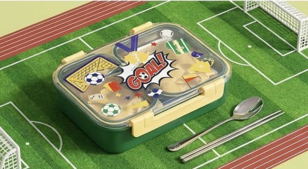 KATTY MAO My First Best Friend Kids Stainless Steel Lunch Box with 2 Compartments, Navy Blue Handles, School Design Pattern