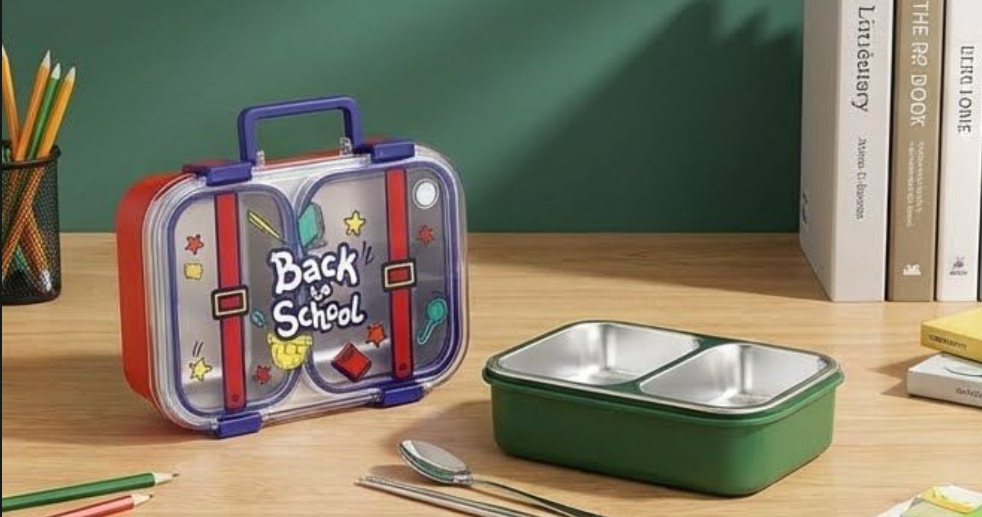 KATTY MAO My First Best Friend Kids Stainless Steel Lunch Box with 2 Compartments, Navy Blue Handles, School Design Pattern