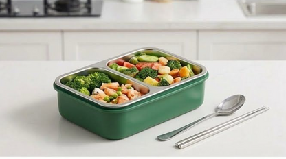 KATTY MAO My First Best Friend Kids Stainless Steel Lunch Box with 2 Compartments, Navy Blue Handles, School Design Pattern