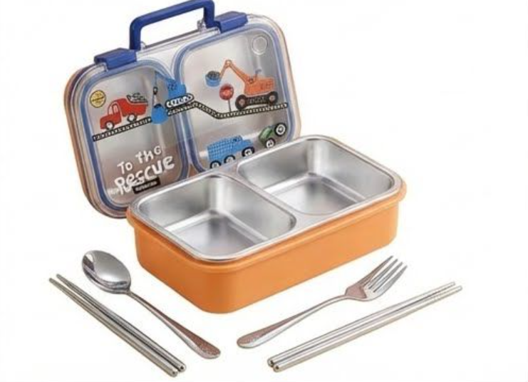 KATTY MAO My First Best Friend Kids Stainless Steel Lunch Box with 2 Compartments, Navy Blue Handles, School Design Pattern