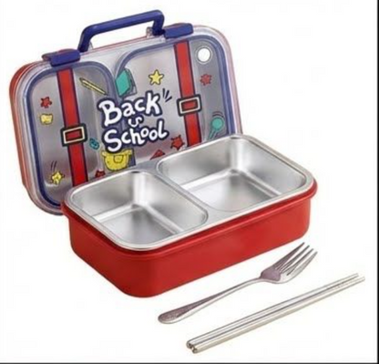 KATTY MAO My First Best Friend Kids Stainless Steel Lunch Box with 2 Compartments, Navy Blue Handles, School Design Pattern