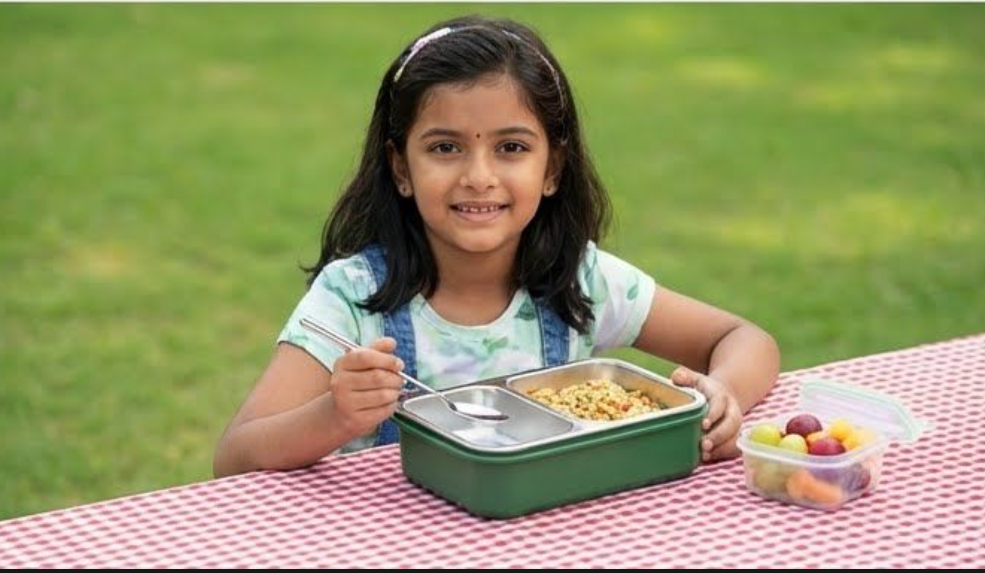 KATTY MAO My First Best Friend Kids Stainless Steel Lunch Box with 2 Compartments, Navy Blue Handles, School Design Pattern