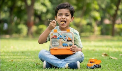 KATTY MAO My First Best Friend Kids Stainless Steel Lunch Box with 2 Compartments, Navy Blue Handles, School Design Pattern