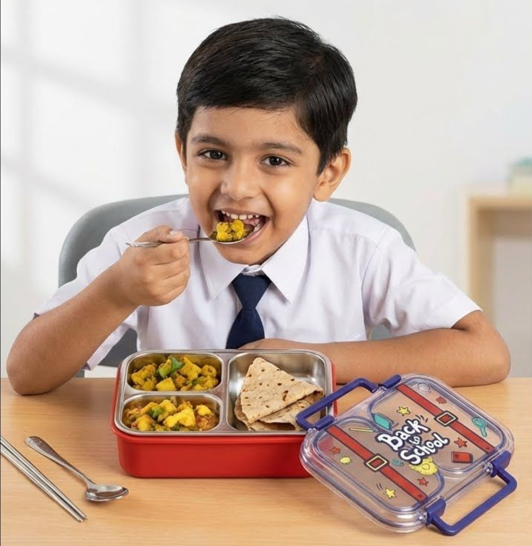 KATTY MAO My First Best Friend Kids Stainless Steel Lunch Box with 2 Compartments, Navy Blue Handles, School Design Pattern