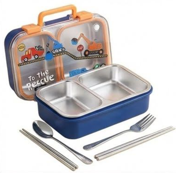 KATTY MAO My First Best Friend Kids Stainless Steel Lunch Box with 2 Compartments, Navy Blue Handles, School Design Pattern