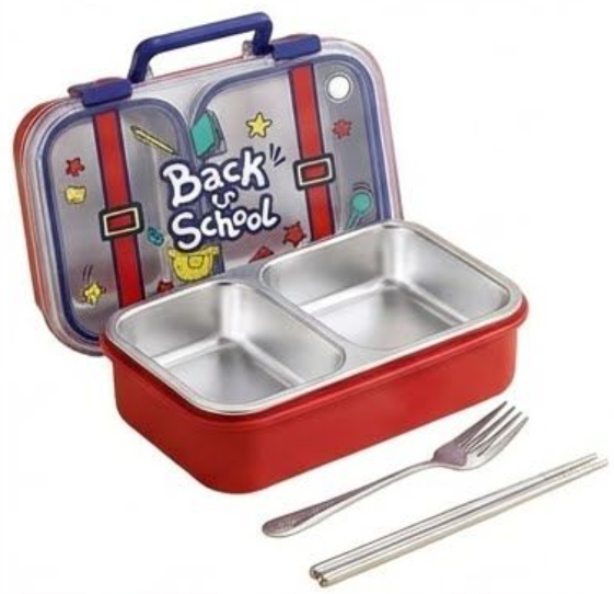 KATTY MAO My First Best Friend Kids Stainless Steel Lunch Box with 2 Compartments, Navy Blue Handles, School Design Pattern