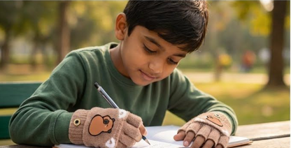 Cute Bear Fingerless Gloves, Beige Knitted Winter Mittens with Cartoon Design, Half-Finger Style.