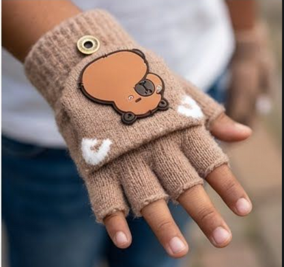 Cute Bear Fingerless Gloves, Beige Knitted Winter Mittens with Cartoon Design, Half-Finger Style.