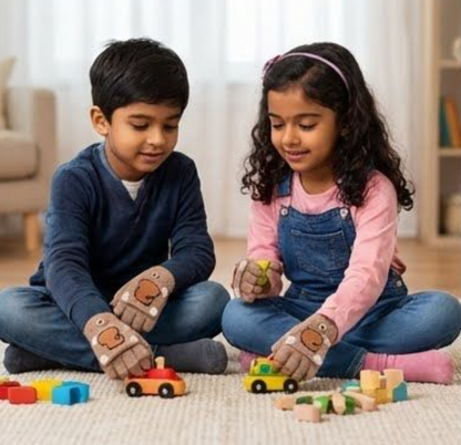 Cute Bear Fingerless Gloves, Beige Knitted Winter Mittens with Cartoon Design, Half-Finger Style.