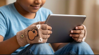 Cute Bear Fingerless Gloves, Beige Knitted Winter Mittens with Cartoon Design, Half-Finger Style.