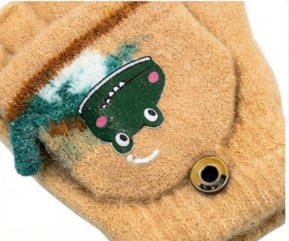 KATTY MAO My First Best Friend Kids Winter Fingerless Gloves, Navy Blue Fleece with Cute Dinosaur Print, Half-Finger Style for Children.