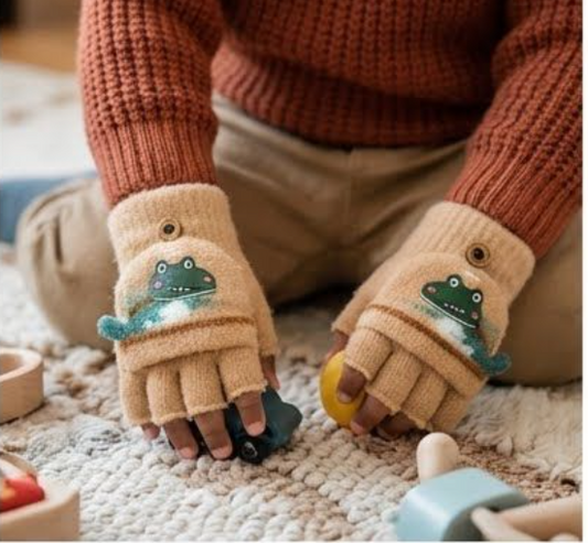 Kids Winter Fingerless Gloves | Cute Dinosaur Print | Half-Finger Style for Children.