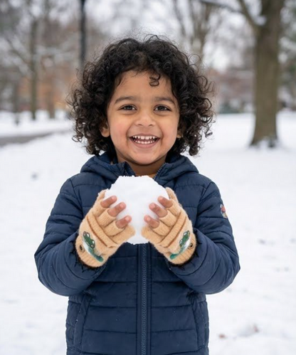 KATTY MAO My First Best Friend Kids Winter Fingerless Gloves, Navy Blue Fleece with Cute Dinosaur Print, Half-Finger Style for Children.