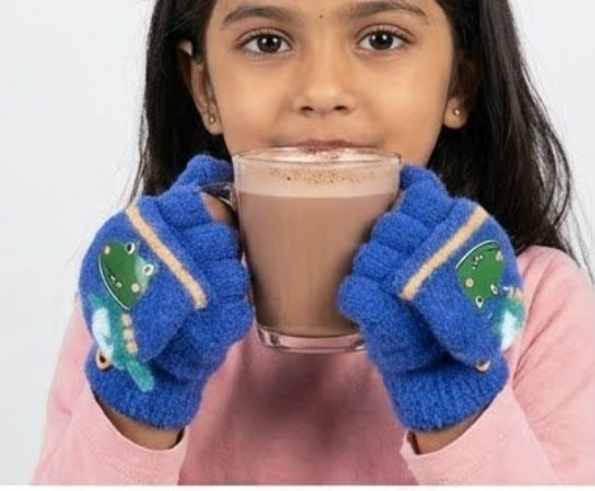 KATTY MAO My First Best Friend Kids Winter Fingerless Gloves, Navy Blue Fleece with Cute Dinosaur Print, Half-Finger Style for Children.