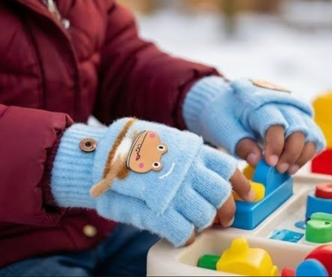 KATTY MAO My First Best Friend Kids Winter Fingerless Gloves, Navy Blue Fleece with Cute Dinosaur Print, Half-Finger Style for Children.