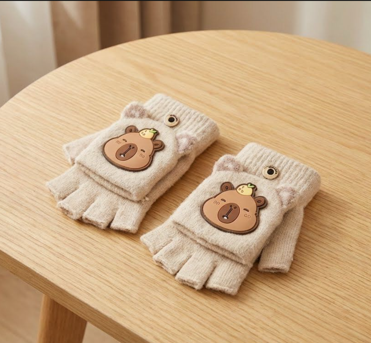Cute Bear Fingerless Gloves, Beige Knitted Winter Mittens with Cartoon Design, Half-Finger Style.