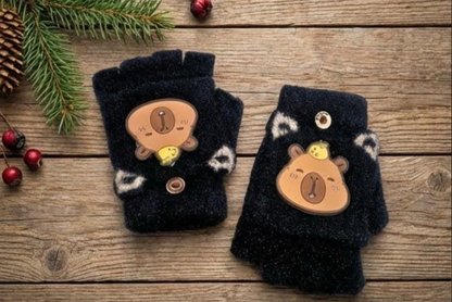 Cute Bear Fingerless Gloves, Beige Knitted Winter Mittens with Cartoon Design, Half-Finger Style.