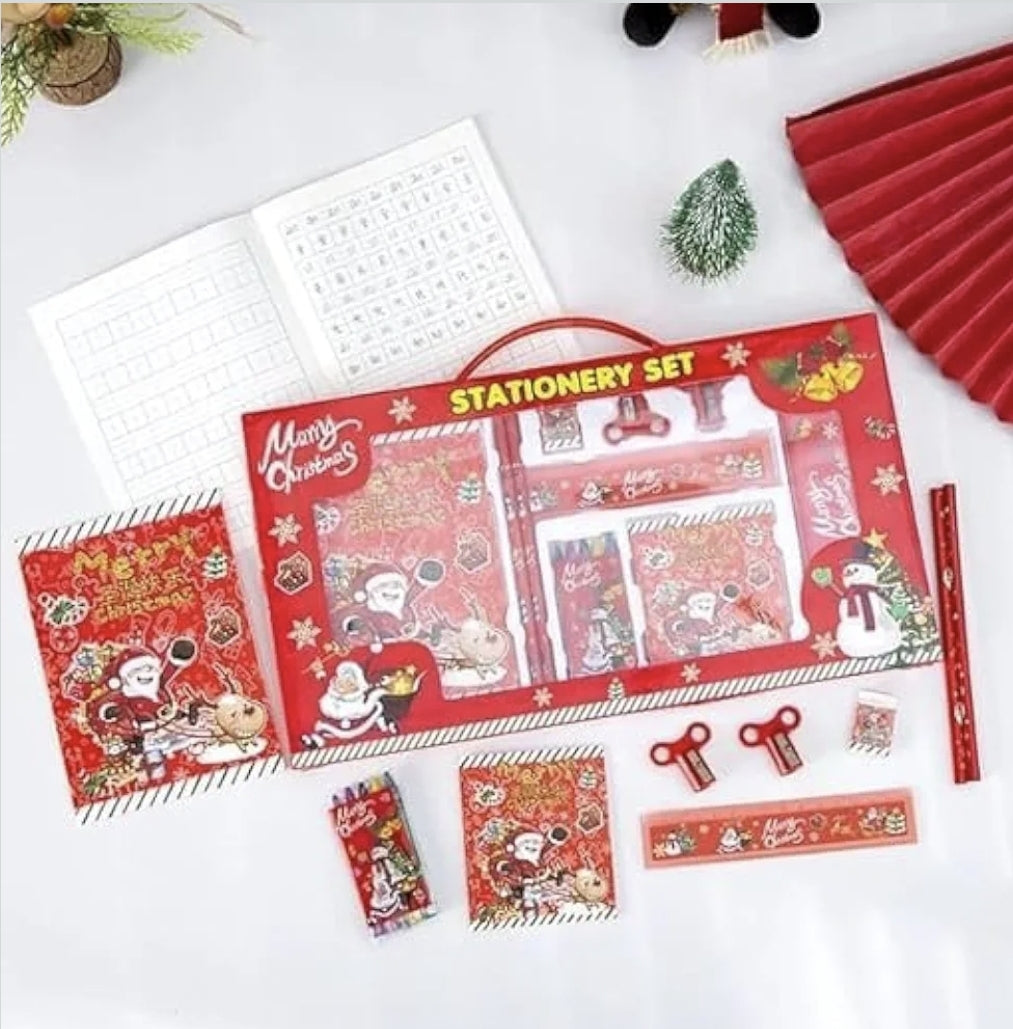 KATTY MAO My First Best Friend Christmas Stationery Gift Set with Notebook, Pencil Box, Crayon, Scale, Drawing Book, Wallet, Slap Band, Red