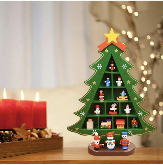 KATTY MAO My First Best Friend Wooden Christmas Tree Display Stand, Green Decorative Holiday Shelf with Miniature Ornaments, Star Topper, with Compartments and Figurine Base