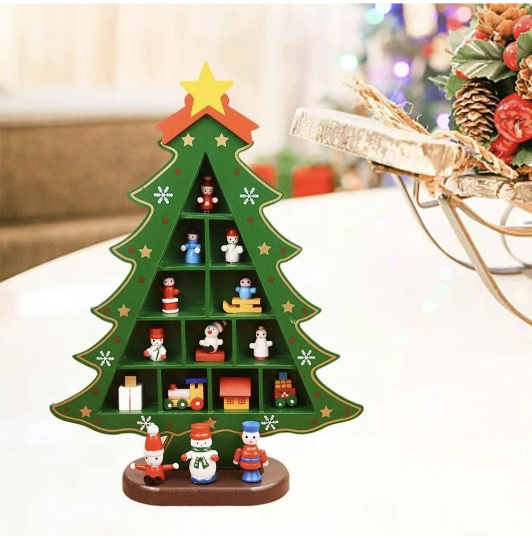 KATTY MAO My First Best Friend Wooden Christmas Tree Display Stand, Green Decorative Holiday Shelf with Miniature Ornaments, Star Topper, with Compartments and Figurine Base