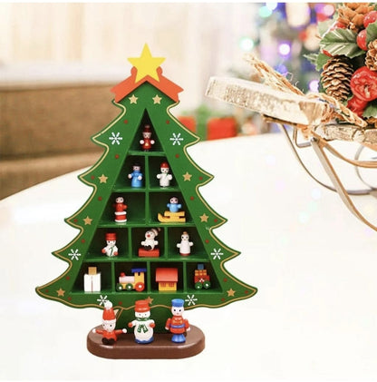 KATTY MAO My First Best Friend Wooden Christmas Tree Display Stand, Green Decorative Holiday Shelf with Miniature Ornaments, Star Topper, with Compartments and Figurine Base