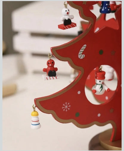 Wooden Christmas Tree Tabletop Decoration, Red and Green Mini Ornaments, Holiday Desktop Display with Star Topper and Snowman Decorations, Traditional Winter Home Decor
