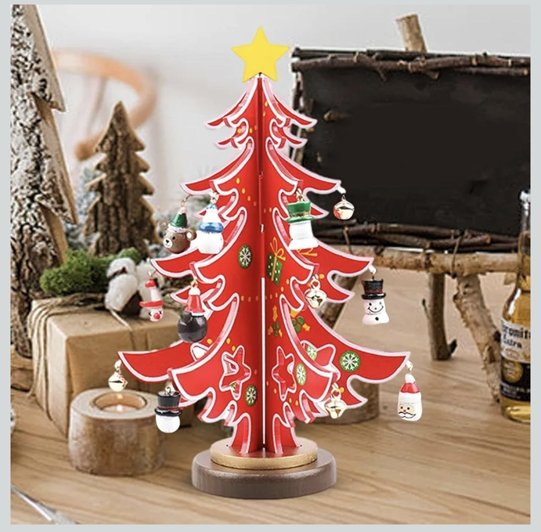 Wooden Christmas Tree Tabletop Decoration, Red and Green Mini Ornaments, Holiday Desktop Display with Star Topper and Snowman Decorations, Traditional Winter Home Decor