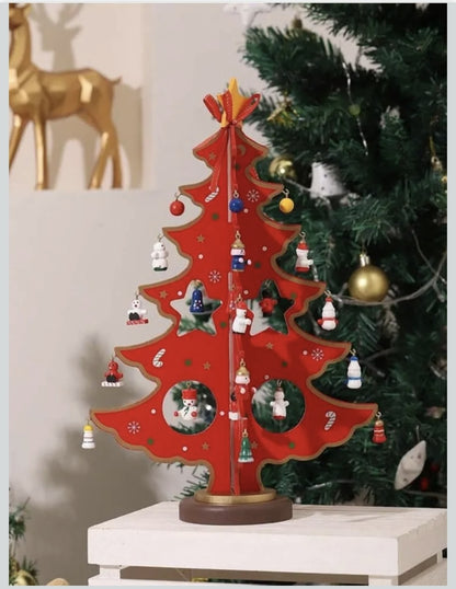 Wooden Christmas Tree Tabletop Decoration, Red and Green Mini Ornaments, Holiday Desktop Display with Star Topper and Snowman Decorations, Traditional Winter Home Decor