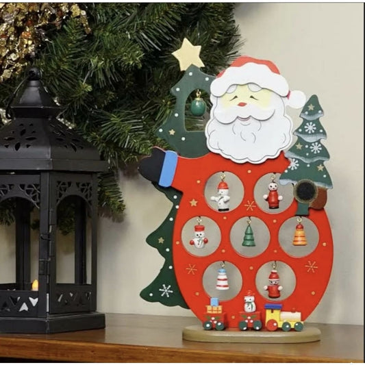 Wooden Christmas Ornament Display Stand, Santa and Snowman Design with Train, Holiday Decorative Tabletop Decor, Mini Ornaments and Bells, Red and Green